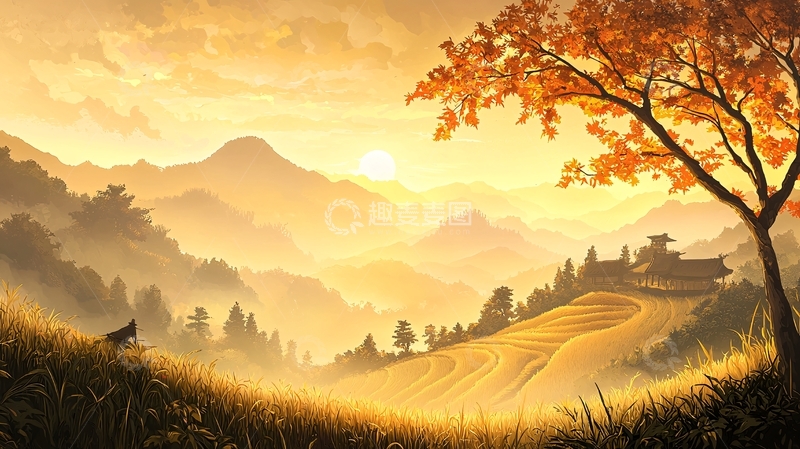 高清大图下载【趣麦麦图】金色山丘上的日落美景