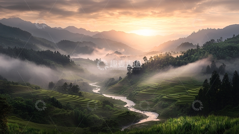高清大图下载【趣麦麦图】山间云雾缭绕的日出