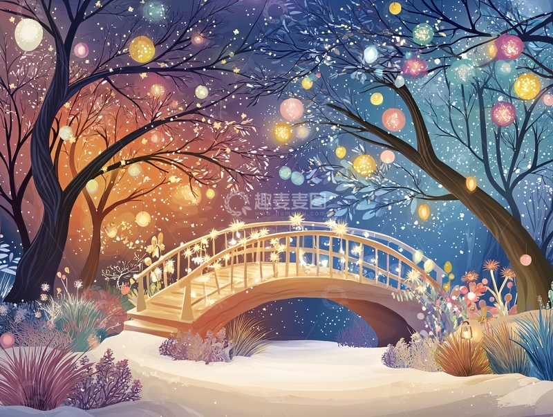 高清大图下载【趣麦麦图】梦幻冬日小桥夜景