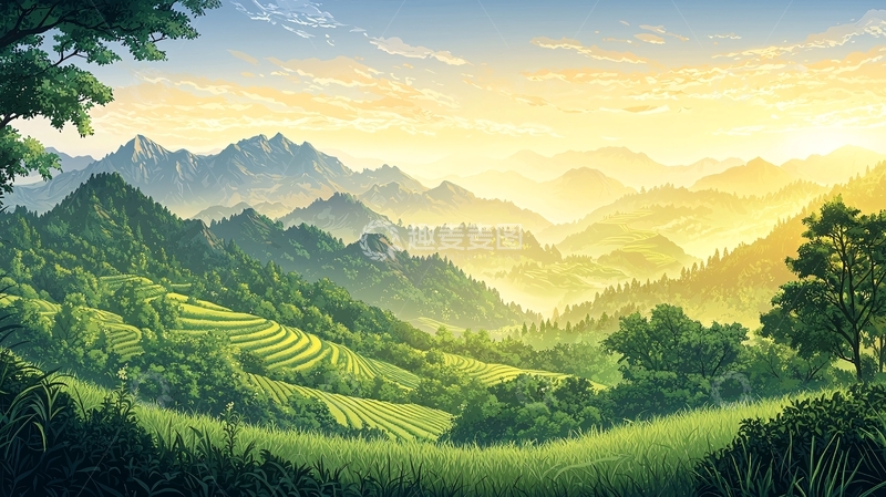 高清大图下载【趣麦麦图】山间梯田日出景色