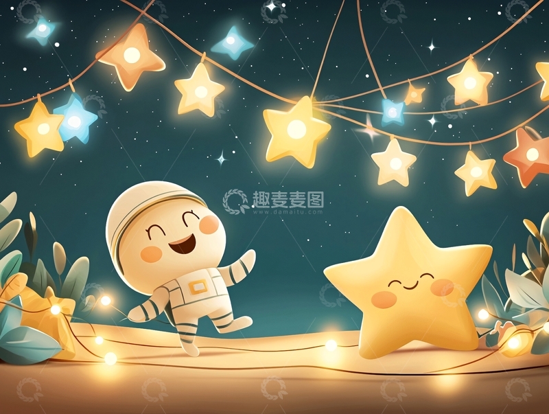 高清大图下载【趣麦麦图】宇航员与星星灯在夜空下