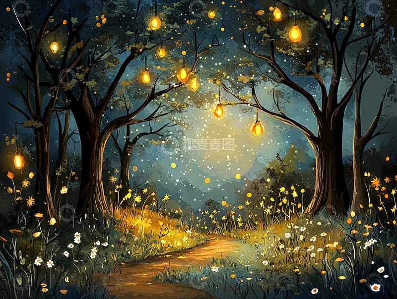 高清大图下载【趣麦麦图】神秘森林夜晚小路灯光
