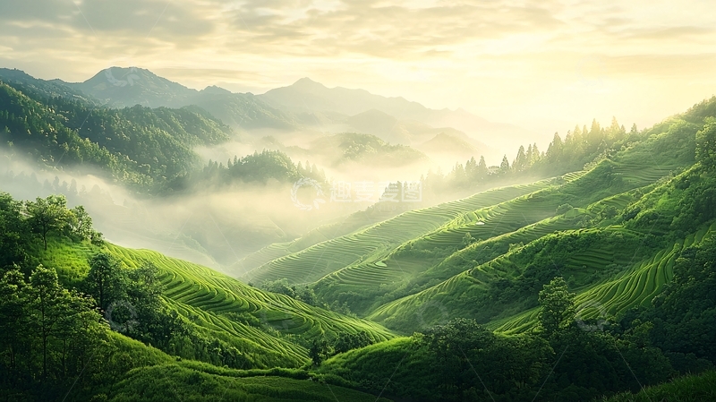 高清大图下载【趣麦麦图】绿色山丘上的晨雾