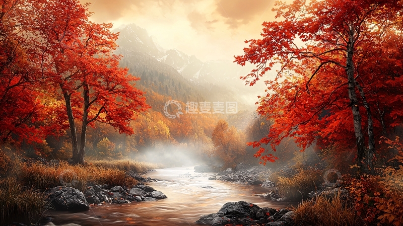高清大图下载【趣麦麦图】秋季红叶河流美景