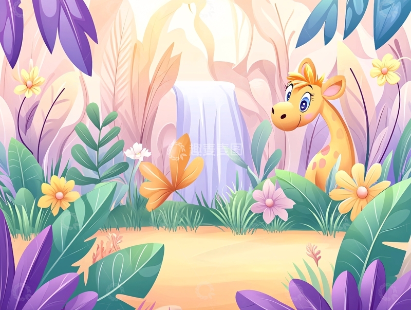 高清大图下载【趣麦麦图】卡通长颈鹿的奇幻森林
