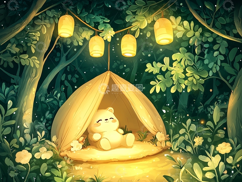 高清大图下载【趣麦麦图】夜晚森林里的帐篷小熊