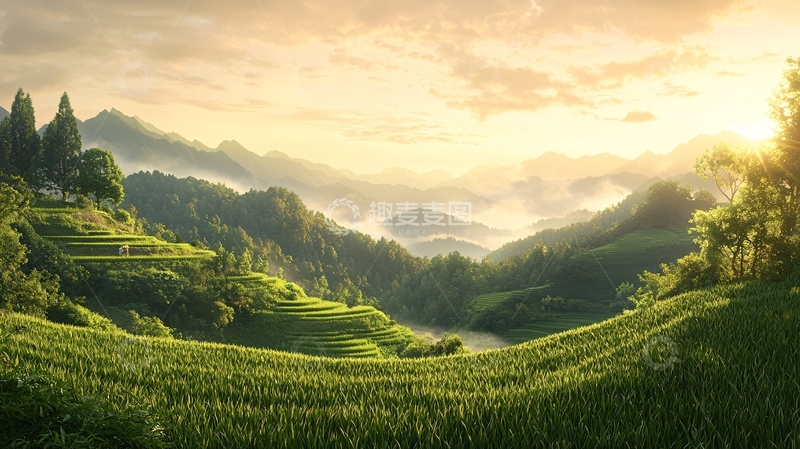 高清大图下载【趣麦麦图】绿色山丘上的日出景色