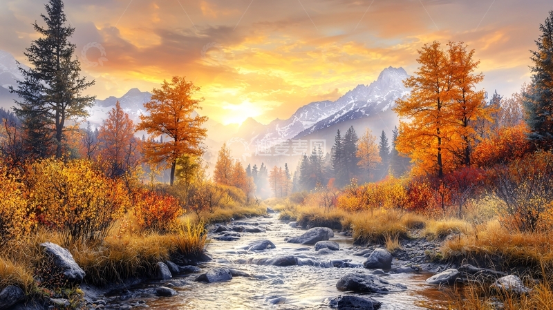 高清大图下载【趣麦麦图】秋日山间河流日落美景