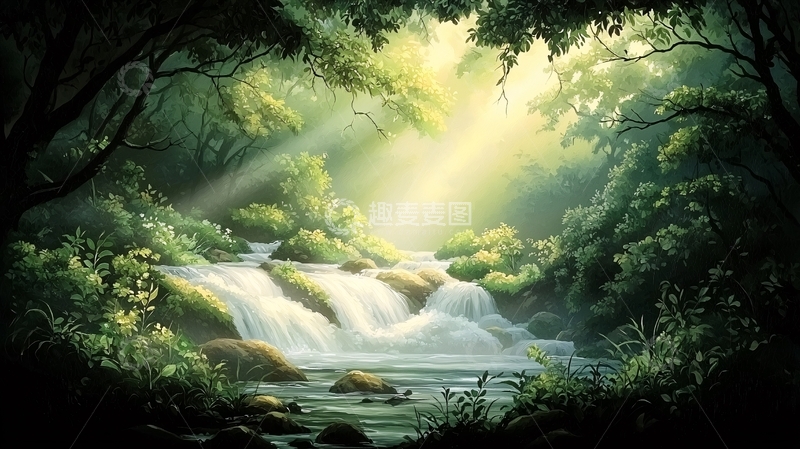 高清大图下载【趣麦麦图】森林中阳光洒落在瀑布上