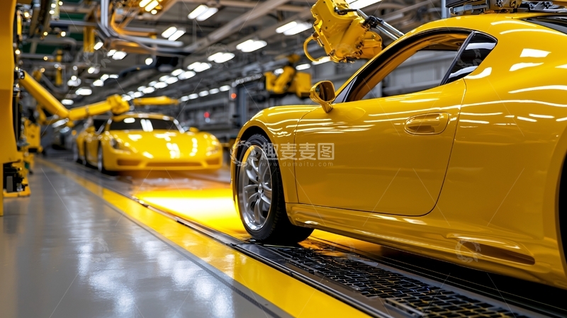 高清大图下载【趣麦麦图】黄色跑车在生产线上