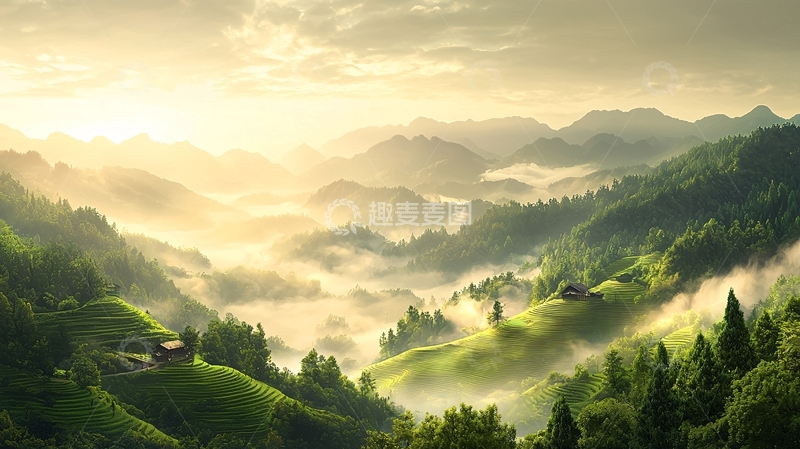 高清大图下载【趣麦麦图】山间晨雾中的绿色山丘