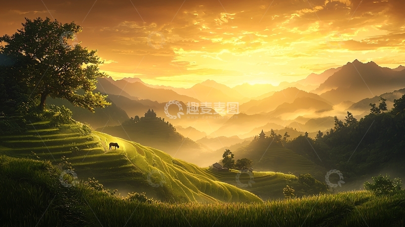 高清大图下载【趣麦麦图】金色阳光下的山峦田野