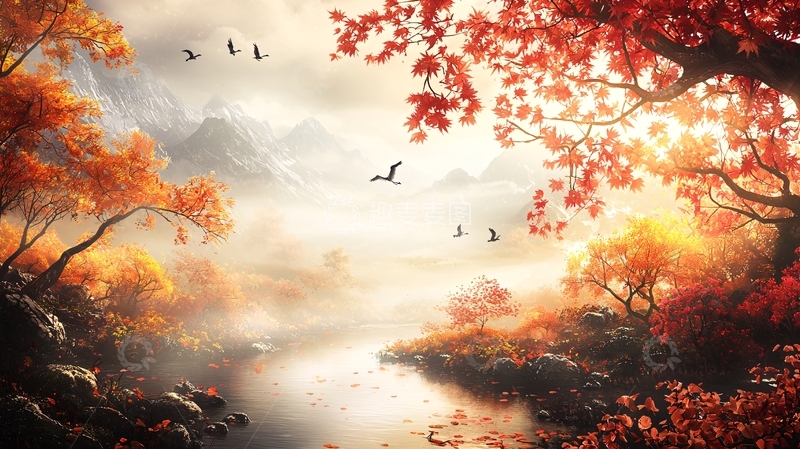 高清大图下载【趣麦麦图】秋日森林河流鸟群