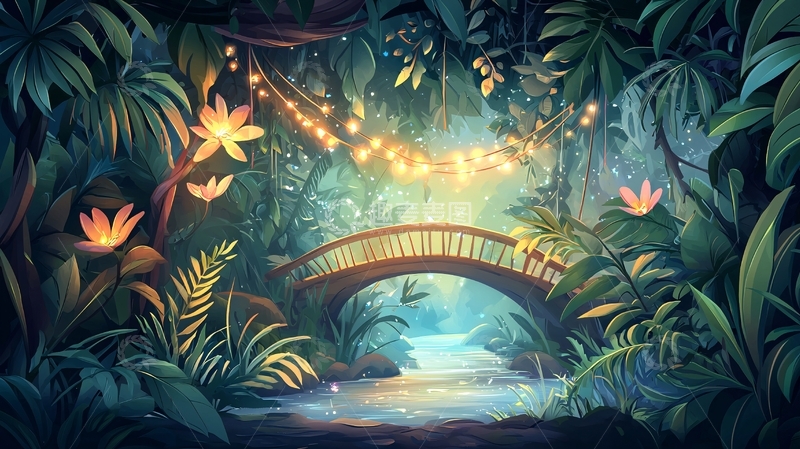 高清大图下载【趣麦麦图】热带雨林中的小桥夜景
