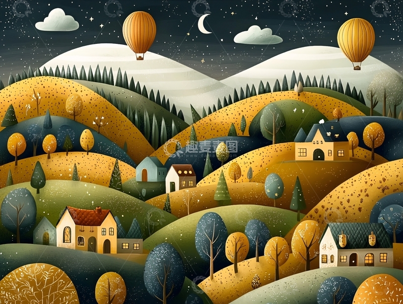 高清大图下载【趣麦麦图】乡村夜晚的宁静田园风光