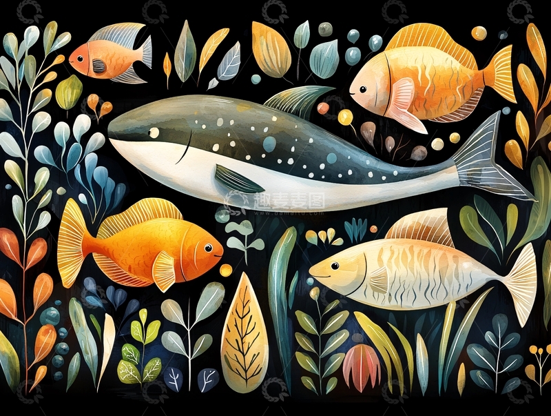 高清大图下载【趣麦麦图】水彩风格的鱼群插画
