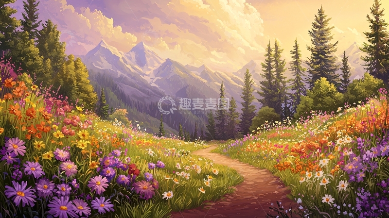 高清大图下载【趣麦麦图】鲜花盛开的山间小路