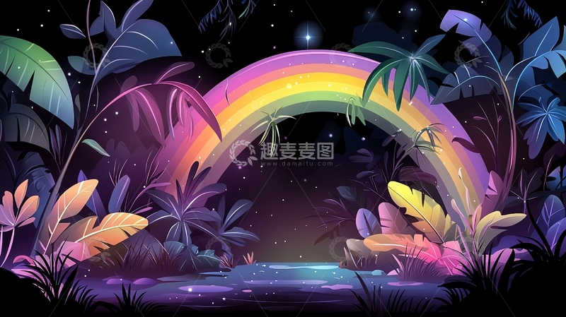 高清大图下载【趣麦麦图】彩色热带植物与彩虹的夜晚