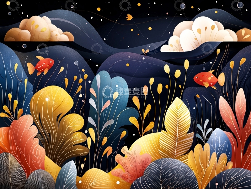 高清大图下载【趣麦麦图】彩色植物和星空下的鱼