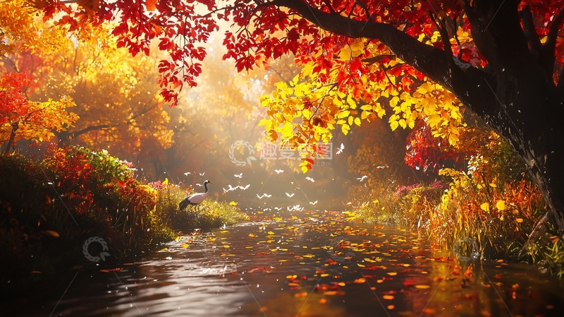 高清大图下载【趣麦麦图】秋日阳光照耀下的树林小溪