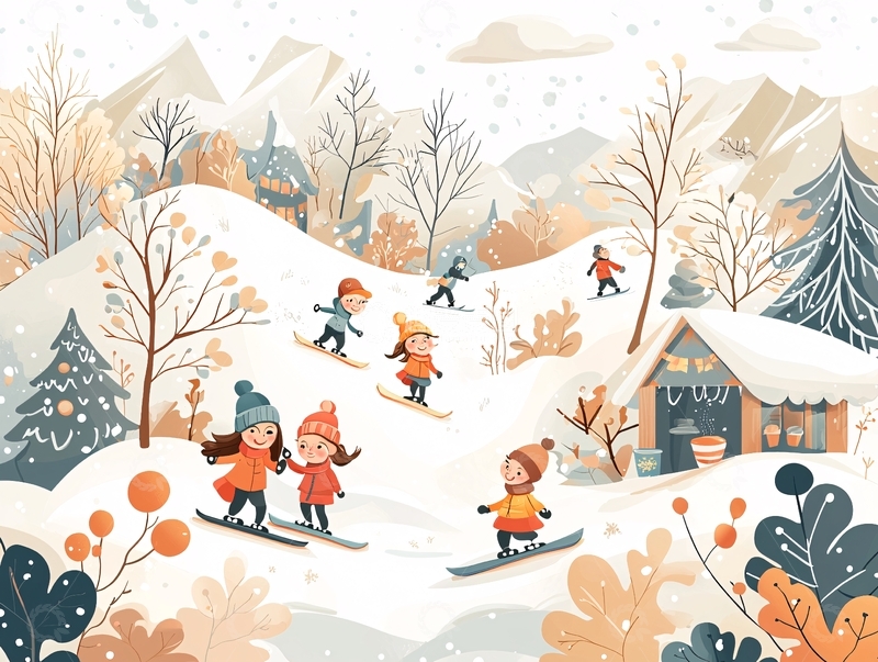 高清大图下载【趣麦麦图】儿童滑雪冬季场景