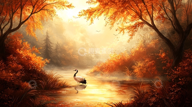 高清大图下载【趣麦麦图】秋日森林湖泊天鹅美景
