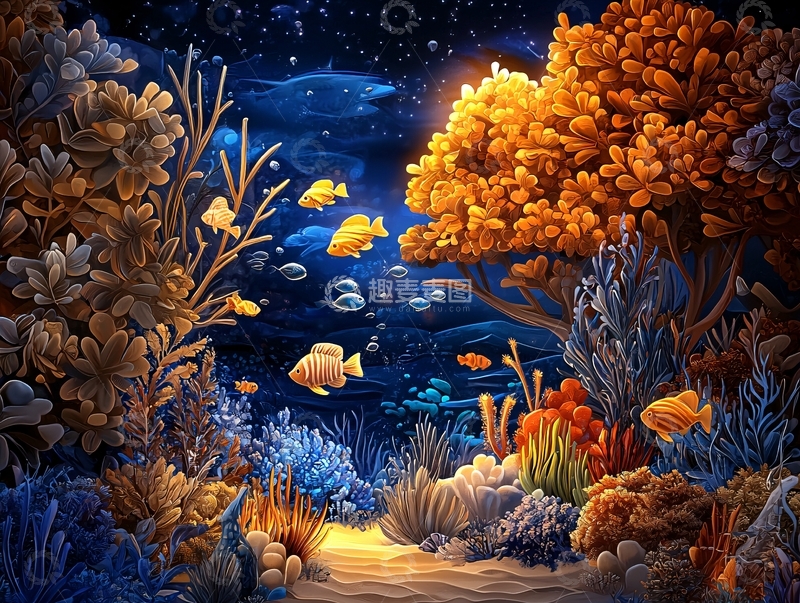 高清大图下载【趣麦麦图】深海珊瑚礁鱼群夜景
