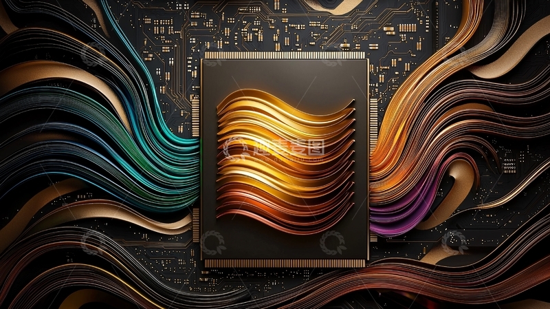 高清大图下载【趣麦麦图】芯片上的金色流动曲线