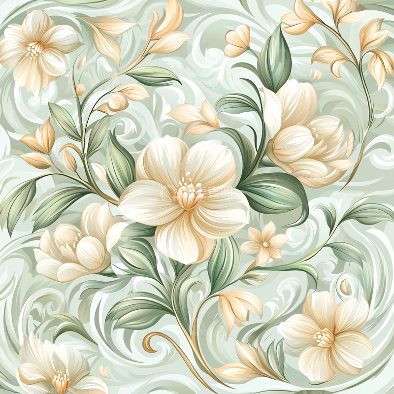 高清大图下载【趣麦麦图】米色花朵与绿色叶子