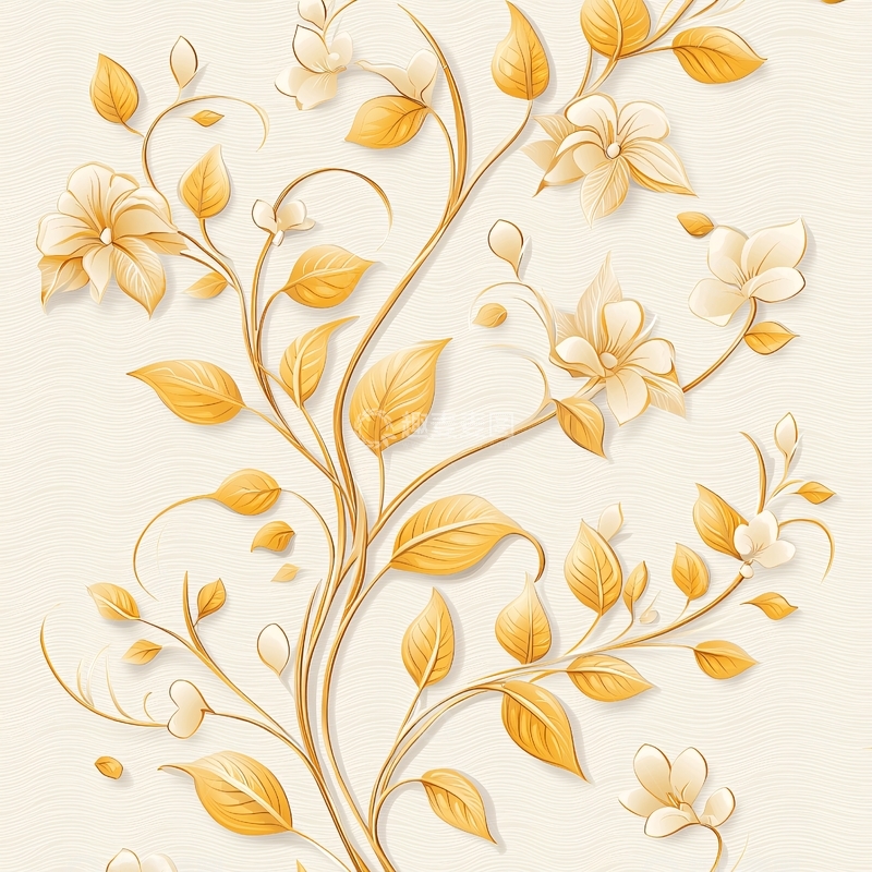 高清大图下载【趣麦麦图】金色花卉蔓藤植物图案