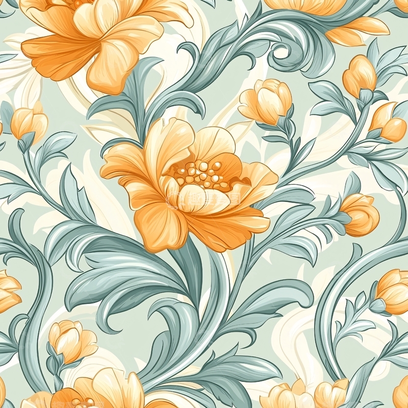 高清大图下载【趣麦麦图】橙色花朵和蓝色叶子