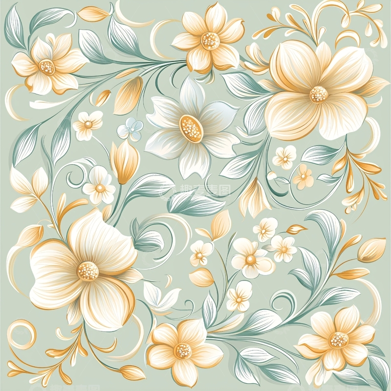 高清大图下载【趣麦麦图】淡雅花朵与叶子组成的图案