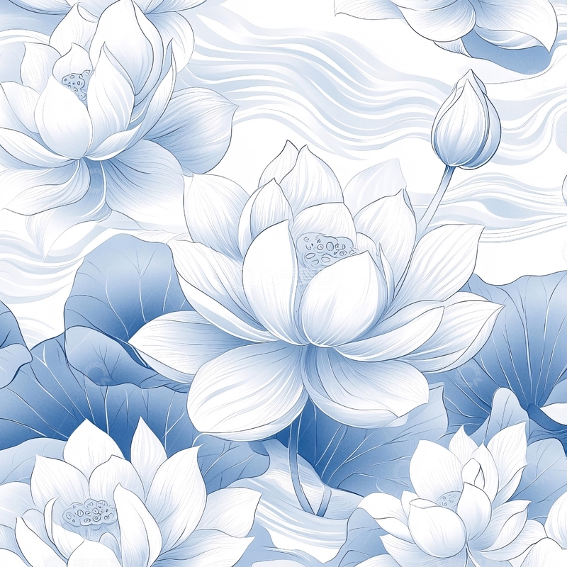 高清大图下载【趣麦麦图】水墨风蓝色莲花图案