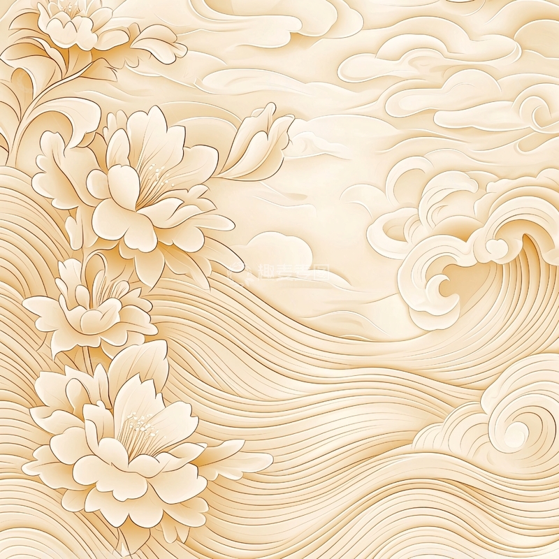 高清大图下载【趣麦麦图】米色花卉与水波纹背景