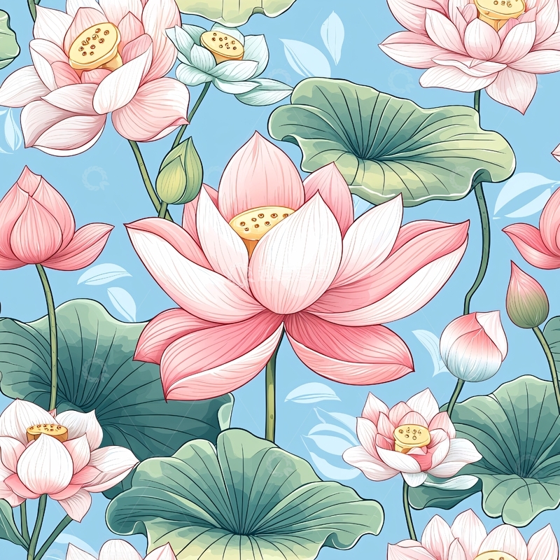 高清大图下载【趣麦麦图】粉色莲花在蓝色背景上盛开