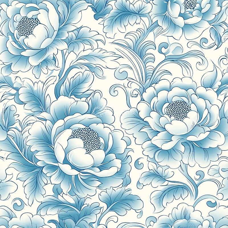 高清大图下载【趣麦麦图】青花瓷风格的牡丹花纹样