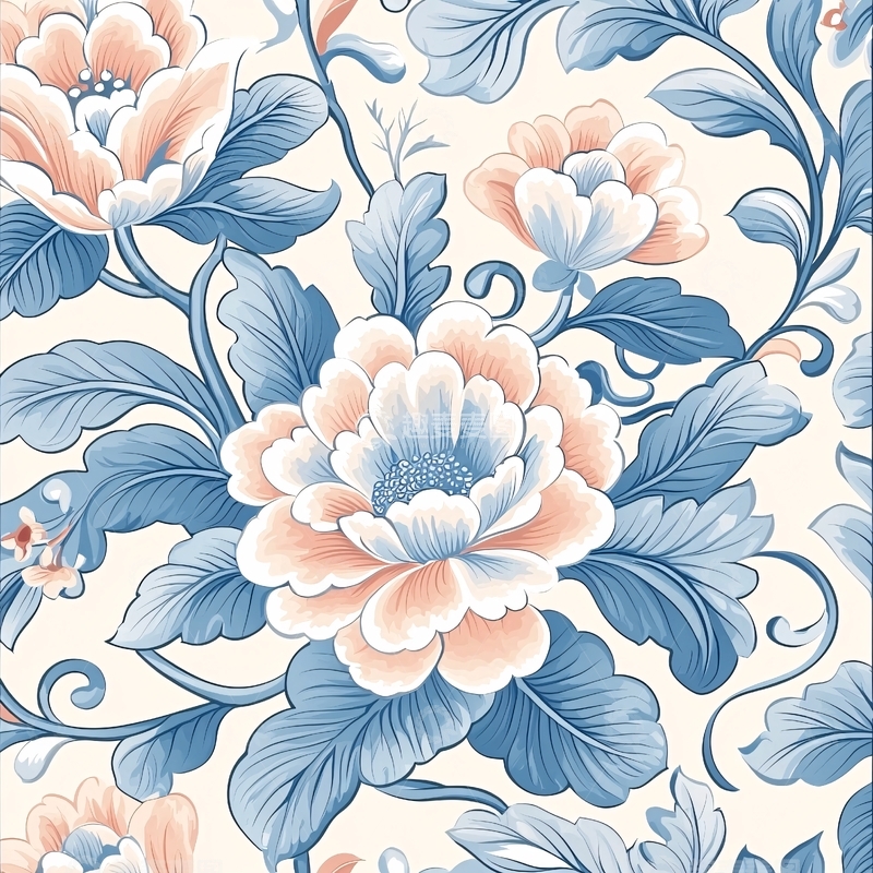 高清大图下载【趣麦麦图】淡粉色蓝色花卉重复图案