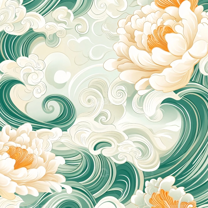 高清大图下载【趣麦麦图】水墨风海浪牡丹图