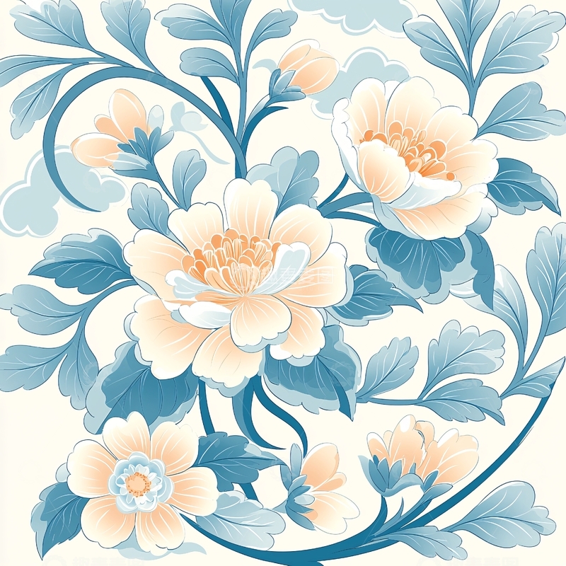 高清大图下载【趣麦麦图】米色花朵与蓝色叶子