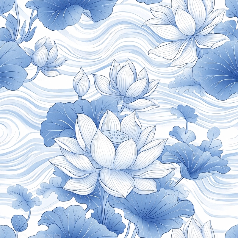 高清大图下载【趣麦麦图】青花瓷风格的莲花纹样
