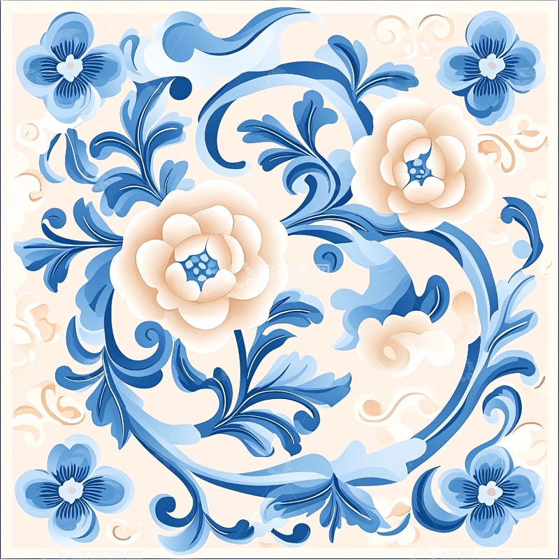 高清大图下载【趣麦麦图】蓝色花卉瓷砖图案