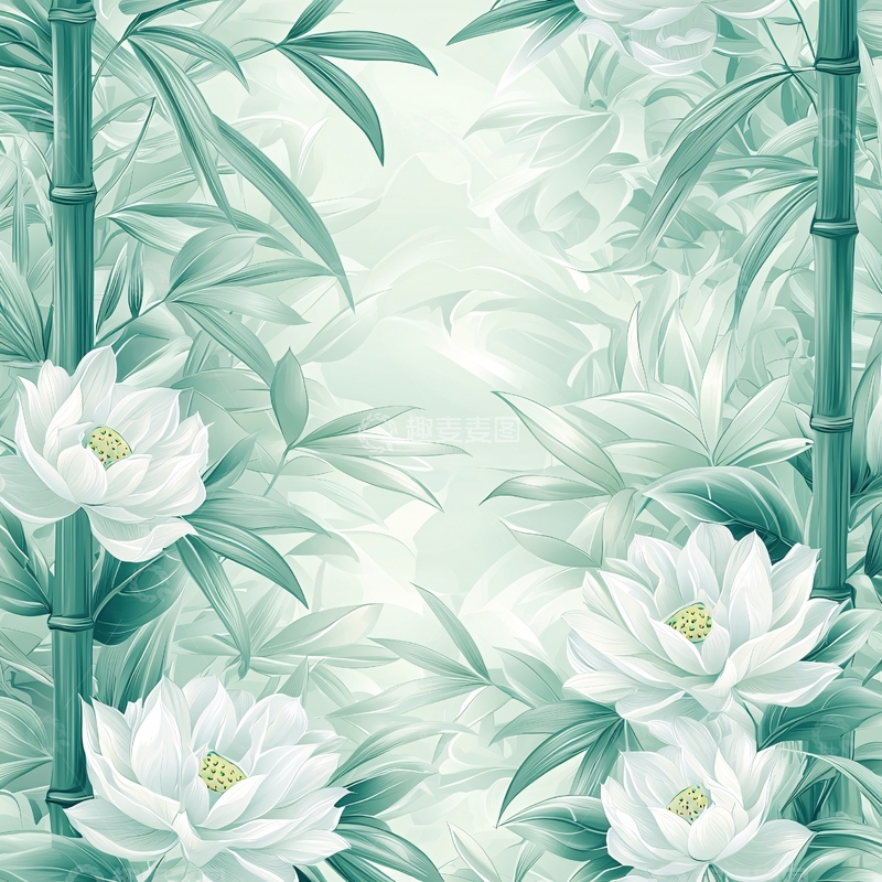 高清大图下载【趣麦麦图】水墨风莲花竹子清新背景