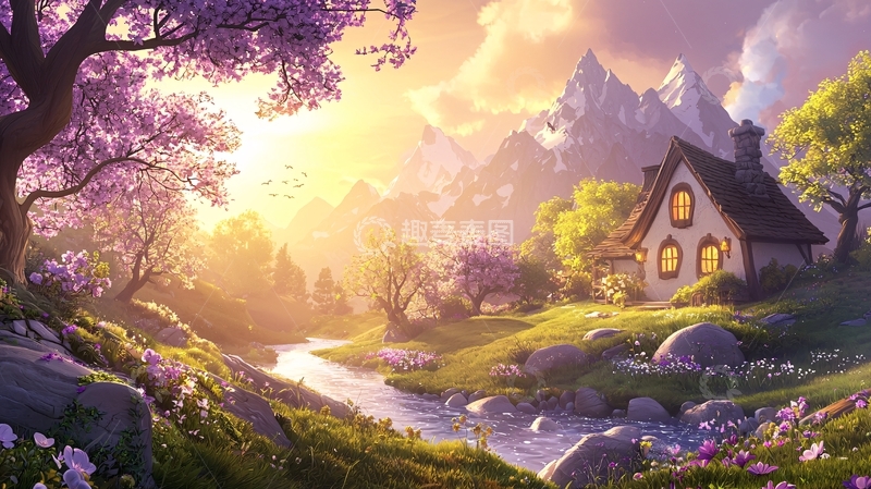 高清大图下载【趣麦麦图】童话小屋在紫花盛开的山谷中