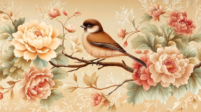 高清大图下载【趣麦麦图】鸟儿栖息在花丛枝头