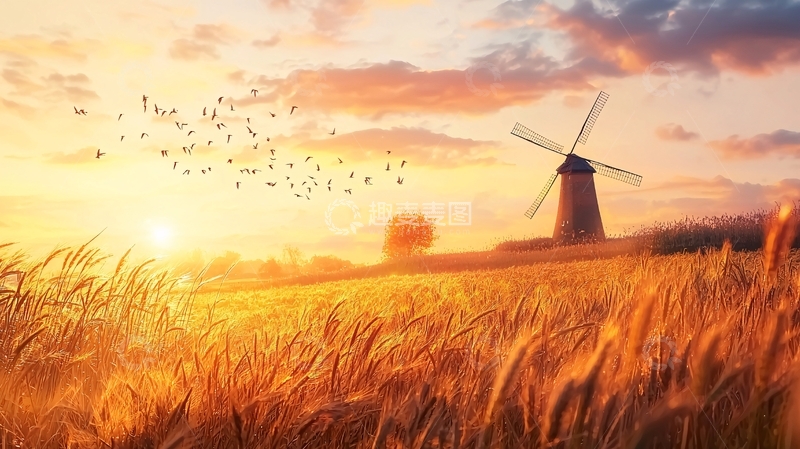 高清大图下载【趣麦麦图】田野风车日落飞鸟剪影