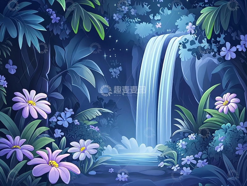 高清大图下载【趣麦麦图】夜晚的森林瀑布美景