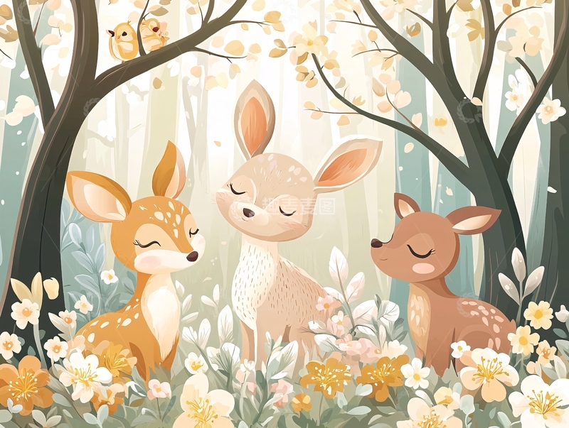 高清大图下载【趣麦麦图】卡通小鹿在花丛中