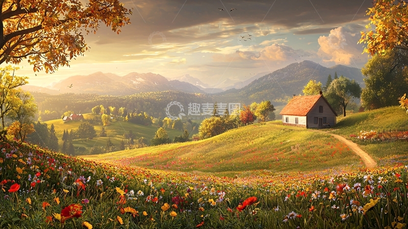 高清大图下载【趣麦麦图】秋日山间小屋风光