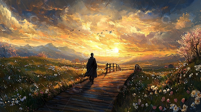 高清大图下载【趣麦麦图】孤独的背影走向日落