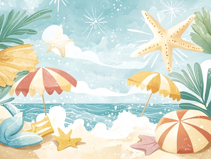 高清大图下载【趣麦麦图】海滩度假风场景插画